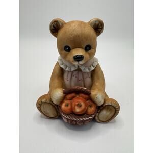 Vintage 1980s Homco Hand Painted Girl Bear With Basket Of Apples Figurine